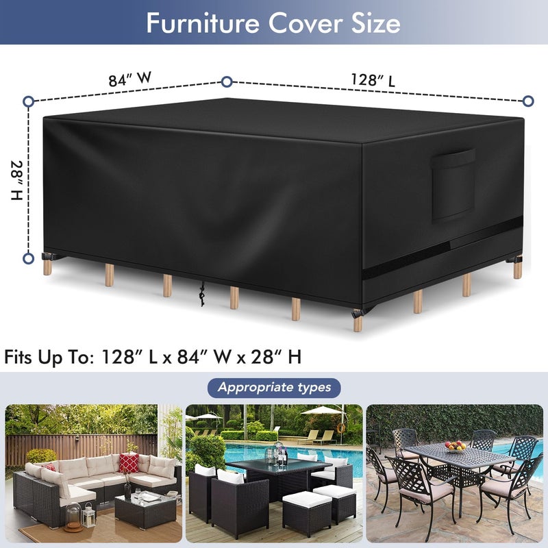 Richwon Patio Furniture Covers, Outdoor Table Covers, Waterproof Rectangle, Heavy Duty, 128"L x 84"W x 28"H, Black - Image 2